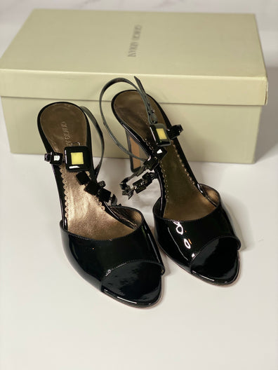 Patent Embellished Black Sandals